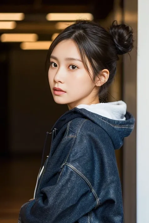 ((masterpiece)), ((best quality)), ultra detailed, 8K, cute 1 Japanese female, 20yo, slim, black hair single low bun, small chests, wheat-colored skin, thin slender dark brown eyes, round nose, (round face:1.4), flat shaped face, light brown hoodie, dark b...