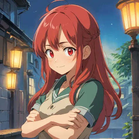 (arms folded:1.5), 1girl, soft smile, red long hair, red eyes