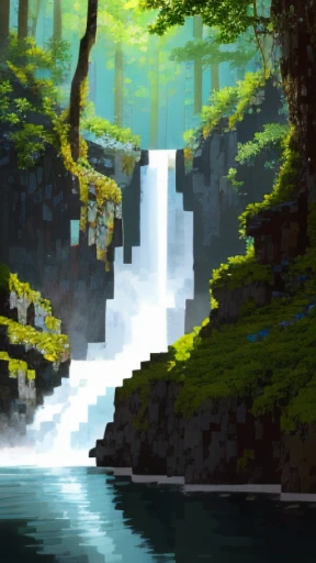 A breathtakingly realistic depiction of Kegon Falls, cascading down with immense power and grace, intricately detailed with a crystalline clarity that brings out each droplet of water in hyper-realistic detail, surrounded by lush greenery and mossy rocks, ...