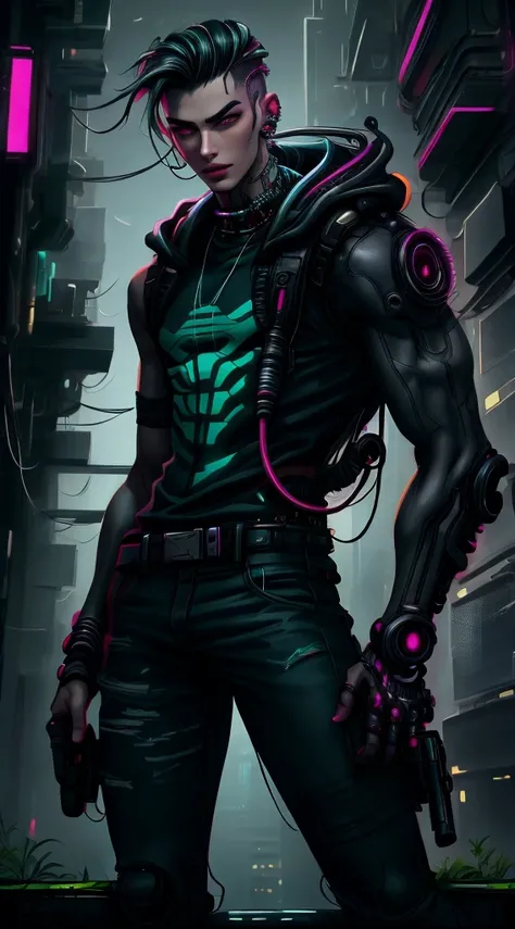 Hermoso hombre joven, vistiendo una chaqueta resistente, pelo cyberpunk,Un joven hermoso , encantador y fascinante , Armas ametralladoras en la escena nocturna cyberpunk., fondo verde rojo cyberpunk, (Mejor calidad: 1.4), (Obra maestra: 1.2), detallado, co...