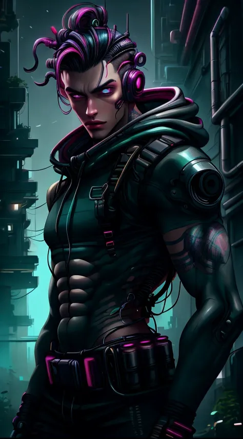 Hermoso hombre joven, vistiendo una chaqueta resistente, pelo cyberpunk,Un joven hermoso , encantador y fascinante , Armas ametralladoras en la escena nocturna cyberpunk., fondo verde rojo cyberpunk, (Mejor calidad: 1.4), (Obra maestra: 1.2), detallado, co...