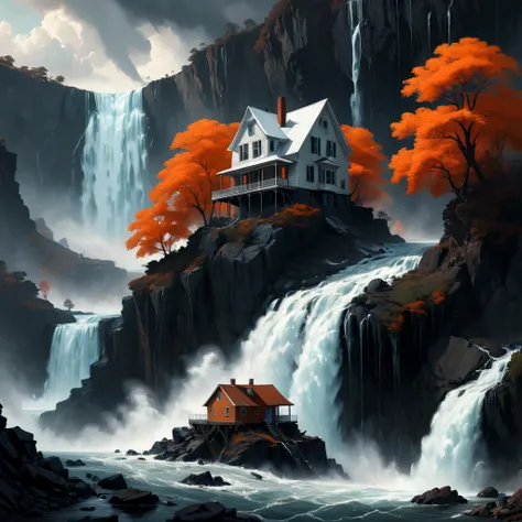 High Resolution, High Quality, Masterpiece. Solarized digital painting of a quaint house juxtaposed against a massive, tumultuous waterfall, capturing the essence of an Alex Andreev masterpiece, hues of dark white clash with vivid orange, reminiscent of El...