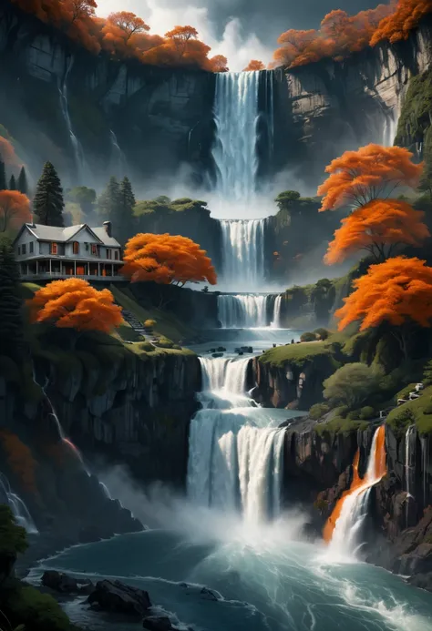 House nestled in the foreground of a vast, majestic waterfall inspired by Peter Blume, bathed in solarized tones of dark white and orange, National Geographic-style photography designed to evoke awe, set against the vibrant renewal of a spring landscape, c...