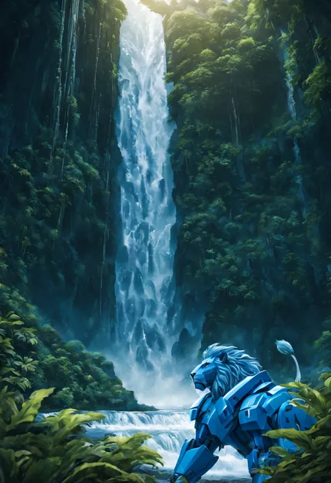 (The Blue Voltron robot lion) is barely concealed behind a huge powerful waterfall. A mighty jungle grows here.