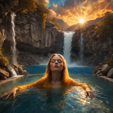 High Resolution, High Quality, Masterpiece. Surreal landscape integrating a human face with closed, peaceful eyes into a mountain, waterfall flowing from the head as hair cascading into a serene pool below, sunset background with light rays piercing throug...