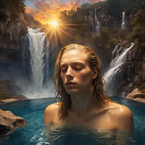 High Resolution, High Quality, Masterpiece. Surreal landscape integrating a human face with closed, peaceful eyes into a mountain, waterfall flowing from the head as hair cascading into a serene pool below, sunset background with light rays piercing throug...