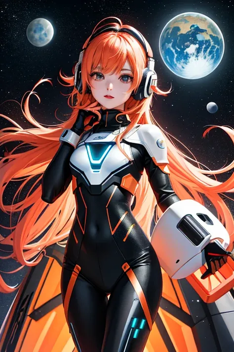 Pretty space astronaut, Cute anime girl wearing a colorful-glow high-energy capacity steel-metallic modern tight armored Orange and Black cyborg suit, with electronic gauntlets, electronic headphones, and holding an electron gun, from a modern winter space...