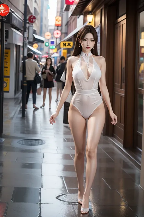 On the street，A girl walks down the street，Full body like，Faraway view，High horsehair，long whitr hair，MaiShiranui，king of fighter，Brown hair，A faint glow on the face，Delicate and beautiful face，mesmerizing eyes，rosy lips，Slender neck and delicate collarbon...