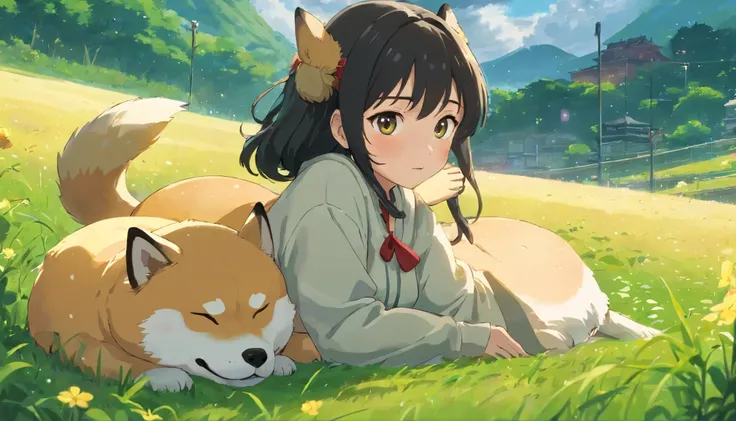 Anime girl in a green meadow,is lying down、A fat Shiba Inu is sleeping next to a girl、wide black hair, 4k anime wallpaper,, anime boy profile, Manga wallpapers 4k, anime wallpaper 4k, 4k anime wallpaper, Gwaites style artwork,  8k, anime art wallpaper 4k, ...