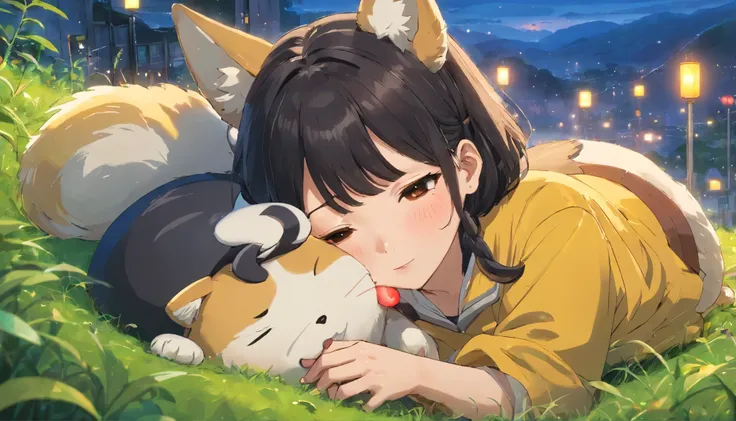 Anime girl in a green meadow,is lying down、A fat Shiba Inu is sleeping next to a girl、wide black hair, 4k anime wallpaper, No boys after the rain, anime boy profile, Manga wallpapers 4k, anime wallpaper 4k, 4k anime wallpaper, Gwaites style artwork,  8k, a...