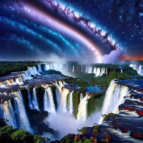 Iguazu Falls, natural beauty, epic, starry sky, Hyperdetailed Photography, art by mooncryptowow, glitter