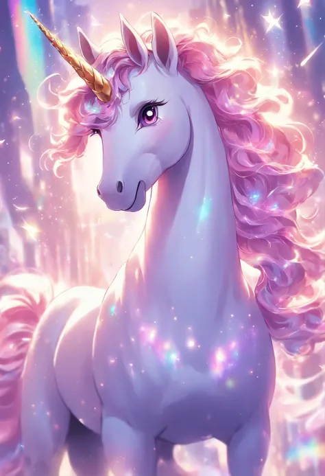 Unicorn Anthropomorphic High detail White with shimmering mane, Purple one unicorn horn 