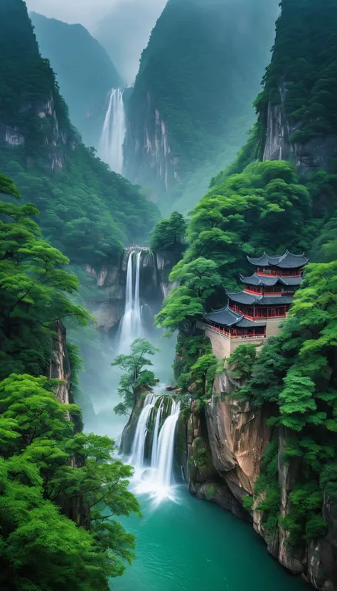 A breathtaking scene of Chinas famously beautiful waterfall, showcasing its majestic flow amidst a lush, vibrant landscape. The waterfall cascades over steep cliffs, surrounded by dense forests and mist rising from the impact zone. Traditional Chinese arch...