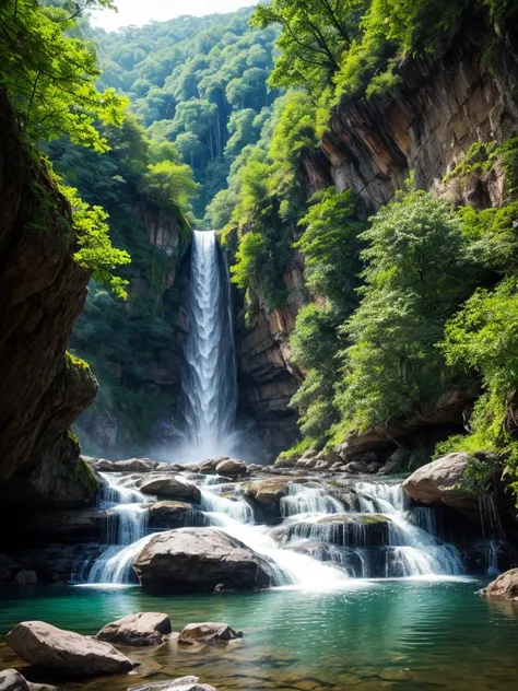 Image: A serene waterfall nestled in a lush green forest.

Descriptive keywordajestic, tranquil, cascading water, nature.

Photographic style: Soft focus, emphasizing the calming flow of the waterfall.

Tone: Peaceful, reflective, harmonious.

Object: A lo...