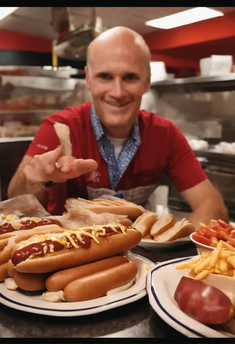 Hotdogfingers trying to break a hot dog eating record at a local food shop,He is a under 30 young man who is balding but the star of the show is that his fingers are hot dogs , male