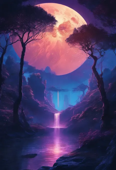  Full moon night, close-up of the moon, fantasy landscape, close-up of waterfall, close-up, dark blue glowing light and shadow art, mysterious atmosphere, mysterious art, magic glowing forest, lakeside, waterfall bokeh, Fog with multiple realistic intricat...