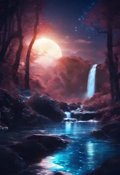    Fantasy landscape waterfall close-up close-up full moon night tone dark blue glowing light and shadow art mysterious atmosphere mysterious art magic glowing forest, lakeside, waterfall bokeh, Fog with multiple realistic intricate details, masterpiece,  ...