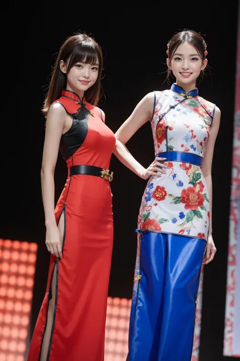 2 girls，cheongsam，fashion model，stage