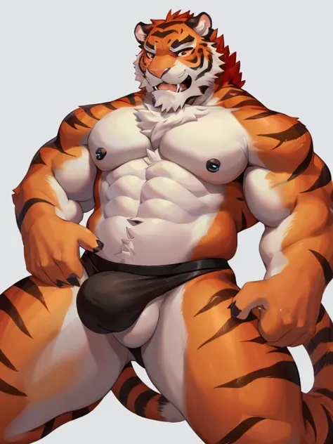 tiger, 1 boy, solo, furry, light-white fur, red fur, anthro (tiger), male, middle-aged, red body, white belly, black beards, tail, muscular, high quality, super detail, 1080P, high quality, best quality, 8k, super detail, 16k, highres, HD, 16k, highres, HD...