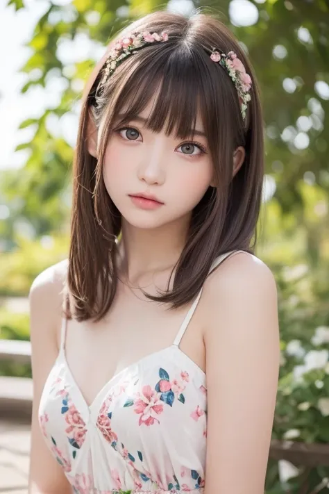 masterpiece, Best Quality, One girl, (a beauty girl, delicate girl:1.3), (15 years old:1.3), Very fine eye definition, (Symmetrical eyes:1.3), (lush park), (dress with white and pink floral pattern:1.3), small breasts, Brown eyes, Parted bangs, Brown hair,...