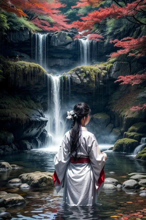 One woman, dressed in traditional (white Japanese attire:1.2), (fully clothed:1.2), stands under a towering waterfall during the stillness of the night. The water cascades down her back, catching the moonlight and creating a mesmerizing scene. Her long, da...