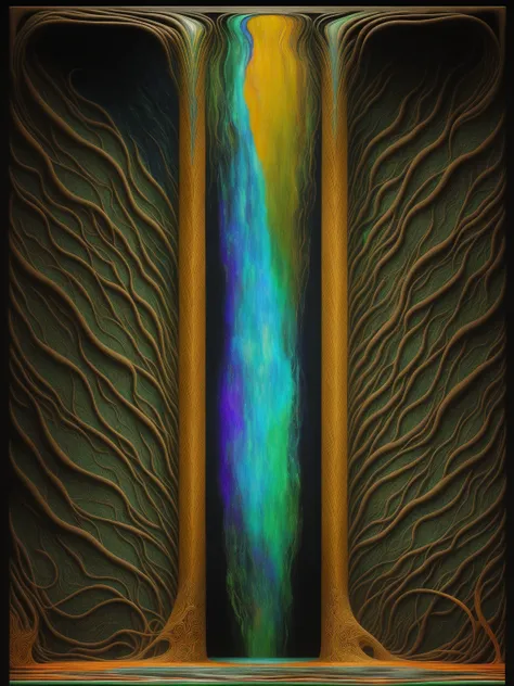 waterfall upwards, levitating water, like an ever flowing stream, water falling into the sky, waves, William Blake, visionary art, New Age art, computer art, (Eyvinde Earle), JRR Tolkien, ((Tyler Hobbs)), aboriginal artwork, Hilma af Klint, dreamtime, fall...