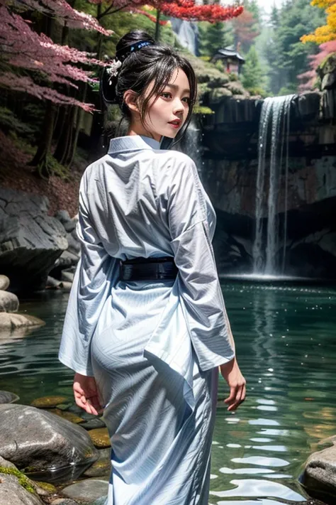 One woman, dressed in traditional (white Japanese attire:1.2), (fully clothed:1.2), stands under a towering waterfall during the stillness of the night. The water cascades down her back, catching the moonlight and creating a mesmerizing scene. Her long, da...