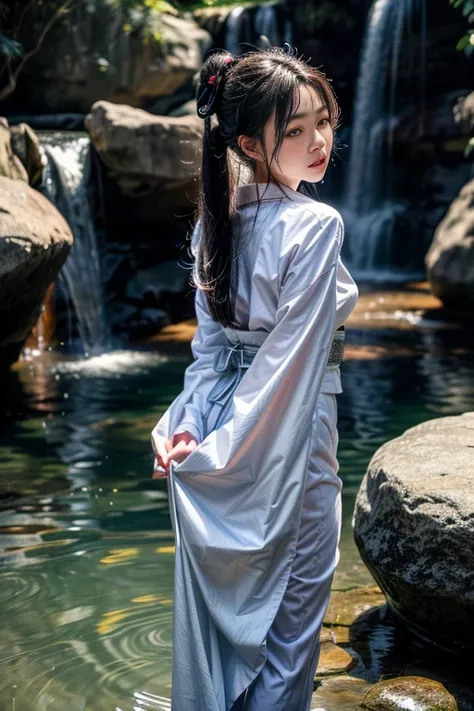 One woman, dressed in traditional (white Japanese attire:1.2), (fully clothed:1.2), stands under a towering waterfall during the stillness of the night. The water cascades down her back, catching the moonlight and creating a mesmerizing scene. Her long, da...