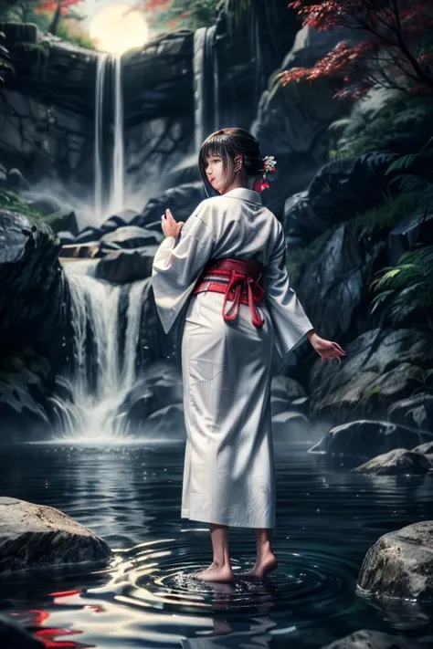 One woman, dressed in traditional (white Japanese attire:1.2), (fully clothed:1.2), stands under a towering waterfall during the stillness of the night. The water cascades down her back, catching the moonlight and creating a mesmerizing scene. Her long, da...