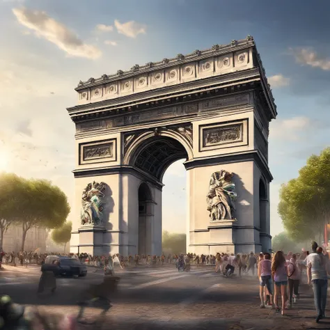 a girl standing in front of the arc de triomphe, detailed facial features, confident expression, flowing long hair, wearing a stylish dress, holding a bouquet of colorful flowers, surrounded by a crowd of people cheering, sunlight shining through the arche...