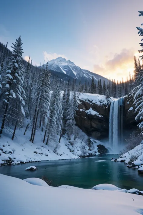 Frozen waterfall in a snowy landscape, sunny, from below