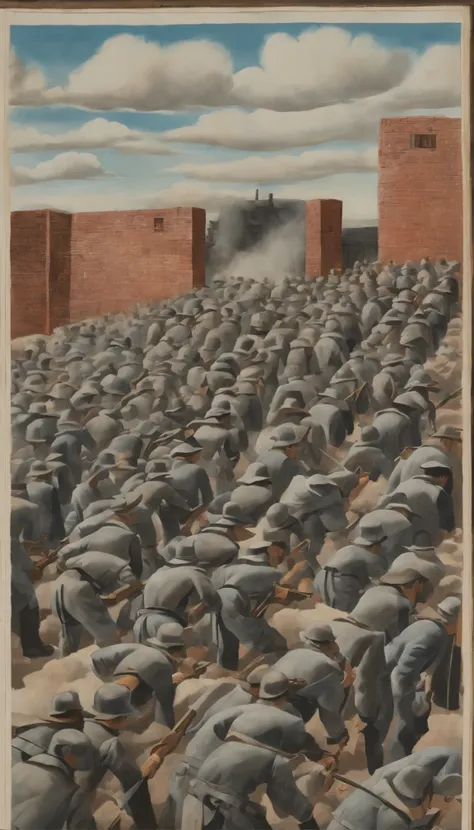 A firing squad scene in a Spanish prison in the 1930s. Six dark gray rifle barrels point at the reader from the bottom right corner of the image, forming a 45-degree angle with the bottom edge. The rifles are from the Spanish Republic and Civil War era, an...