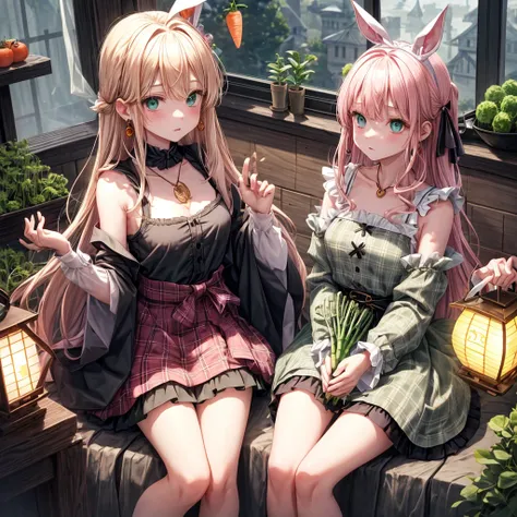 pink blonde、green eyes、one good looking girl、solo、anime、plaid mini skirt、the skirt has buttons、black camisole、black t-shirt、dress、wearing a ribbon、ribbon at waist、cloak、hood、clouds are swirling、stone slabs are piled up、one hand raised、crystal earrings、vege...