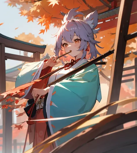 girl、Ji Yuelin、Miko costume、has a hexagonal erhu、background、shrine、autumn