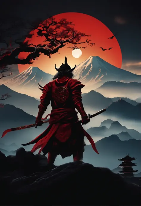 24k resolution japanese demon ninja  with monster in the center and the background are blood moon at night sky,mountain,temple,towns and shadow ninja