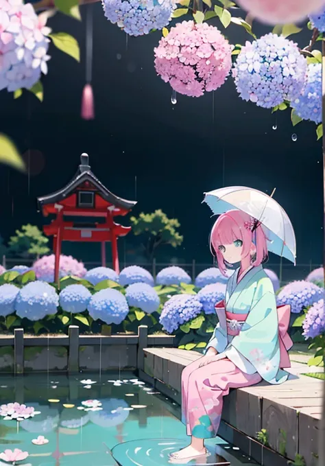 (alone), cute (1 girl) ,sitting,Day本庭園,Pink fine hair,(dull bangs),turquoise eyes,hydrangea,(blurred foreground),kimono,scenery,looking at the viewer,Rainy,Day