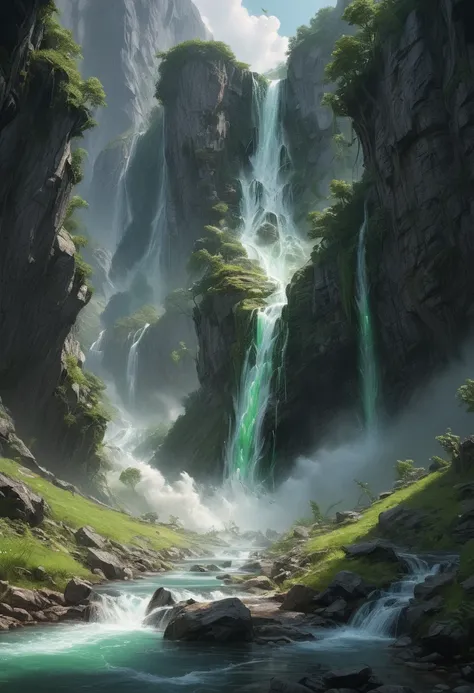 Waterfall from the void, thunderbolts leap unceasingly into the stream. pure white streamer split the green of the mountains, fantasy art, (best quality, masterpiece, Representative work, official art, Professional, Ultra intricate detailed, 8k:1.3)