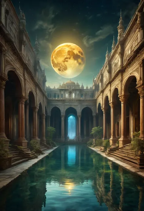 Waterfall, full moon and heat haze combine, mystical atmosphere, ornate palace, reflective water, ultrahigh definition, 3D depth, inspired by Leonardo da Vinci, Rembrandt, J.M.W. Turner