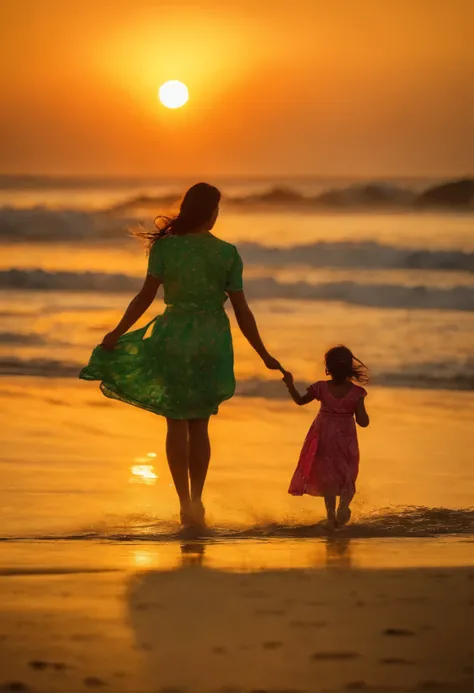 Pai, mother and daughter playing in the sand on the beach, roupas verdes, sol no horizonte, por do sol, detalahdo, arte relista.