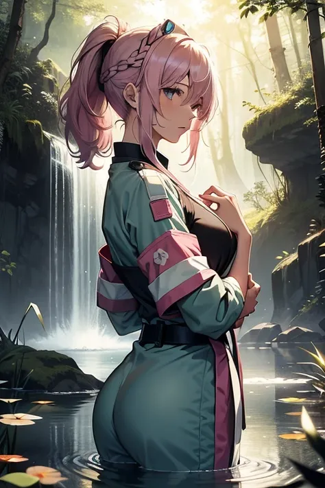 In the heart of a tranquil forest, a woman with pink hair wearing a vintage nurse uniform, reminiscent of Florence Nightingale in the anime world, takes a pause. She squats at the edge of a crystal-clear pond, her ponytail cascading down her back, a long b...