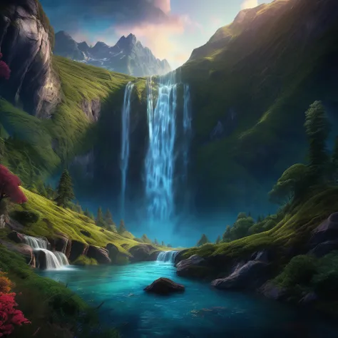 Waterfall, aesthetic, Waterfall and mountains, Epic cinematic brilliant stunning intricate meticulously detailed dramatic atmospheric maximalist digital matte painting, landscape