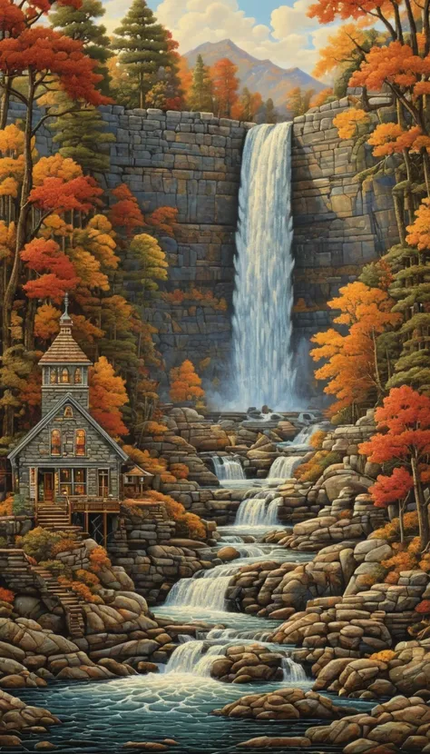 Waterfall by Charles Wysocki, best quality, masterpiece, Representative work, official art, Professional, Ultra intricate detailed, 8k