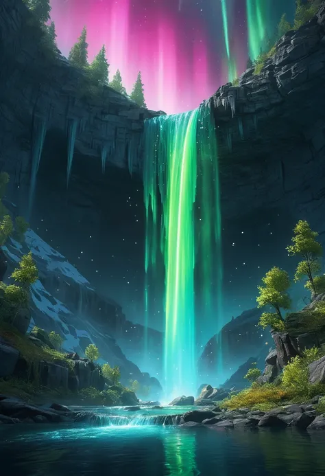 Waterfall with aurora, dreamlike, fantasy art, (best quality, masterpiece, Representative work, official art, Professional, Ultra intricate detailed, 8k:1.3)