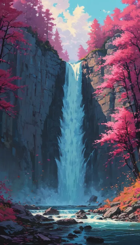 Waterfall by Alena Aenami, best quality, masterpiece, Representative work, official art, Professional, Ultra intricate detailed, 8k