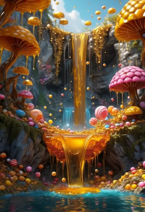 Waterfall made of Honey and Candy, wonderland, Dreamscape, Fairy Tales, stock illustration style, (best quality, masterpiece, Representative work, official art, Professional, Ultra intricate detailed, 8k:1.3)