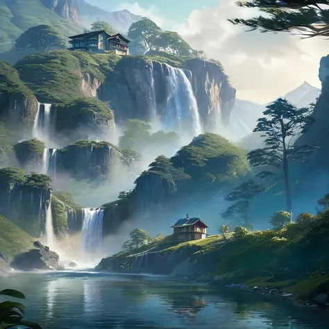 painting of a waterfall in a mountainous area with a house on the top, vertical wallpaper, 4k vertical wallpaper, 4 k vertical wallpaper, 8 k vertical wallpaper, 8k vertical wallpaper, ross tran. scenic background, beautiful mattepainting, 4 k matte painti...