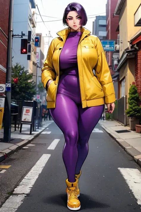 (mature woman) huge  (walking on the street tanned skin full body) sweat steam (purple hair) (bright yellow eyes) variants (((winter clothing))), (best quality:1.1), (masterpiece:1.4), (absurdres:1)