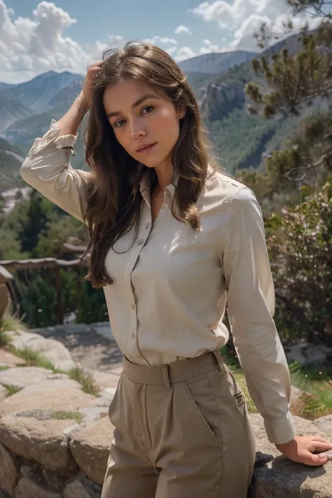 Visualize a girl dressed in a khaki blouse and beige trousers, her light brown hair gently tousled by the mountain breeze, positioned against an 8K lifelike background of rugged peaks and valleys, with hints of sunlight filtering through the clouds, creati...