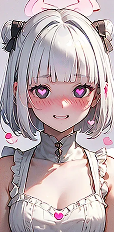 (8K、highest quality、masterpiece:1.2)、Super detailed、super resolution、Realistic、(1girl)  、(white hair)、(blunt bangs:1.5),RED eyes、(face focus:1.3,upper body,portrait),(glowing eyes:1.4),(sundress:1.3)、(grin:1.3),cute face,blush、small breasts,hair ribbon,(si...