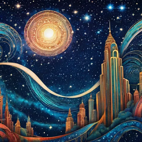 Magical starry sky. zentangle art deco style Waterfall, art deco style science fiction, magical art deco style future skyscrapers in background,  about the curvature of space time, full colored, impresive colors, (best quality,4k,8k,highres,masterpiece:1.2...